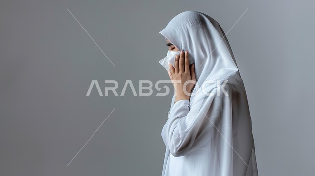 الشعور بالمرض والتعب و الزكام، استخدام المناديل الورقيه أثناء العطس, التهابات الأنف التحسسية, أعراض كورونا (كوفيد-19)، بورتريه مقرب لإمرأة عربية سعودية خليجية محجبة ترتدي العباءة تقوم بالعطاس بايماءات البكاء والحزن, الحاجة الى العلاج والدواء، خلفية رمادية