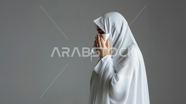 استخدام المناديل الورقيه أثناء العطس, التهابات الأنف التحسسية, الشعور بالمرض والتعب و الزكام, أعراض كورونا (كوفيد-19)، بورتريه مقرب لإمرأة عربية سعودية خليجية محجبة ترتدي العباءة تقوم بالعطاس بايماءات البكاء والحزن, الحاجة الى العلاج والدواء، خلفية رمادية