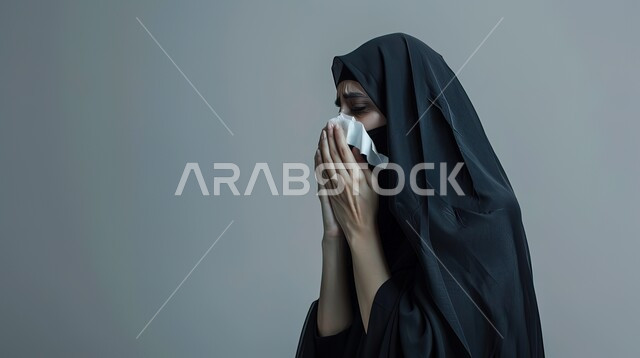 التهابات الأنف التحسسية, استعمال المناديل الورقيه أثناء العطس, الشعور بالمرض والتعب و الزكام, أعراض كورونا (كوفيد-19)، بورتريه مقرب لإمرأة عربية سعودية خليجية محجبة ترتدي العباءة تقوم بالعطاس بايماءات البكاء والحزن, الحاجة الى العلاج والدواء، خلفية رمادية