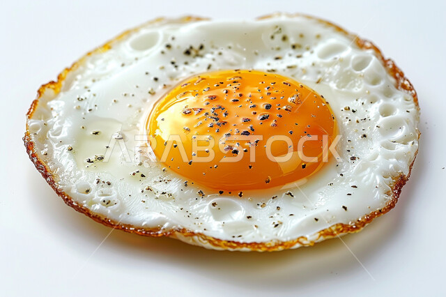 وجبة فطور صباحية مفيدة وسريعة، الاومليت اللذيذ المليء بالبروتينات الصحية، وجبات اتباع الحميات الغذائية، بيض المقلي مع الفلفل الحار، مأكولات طازجة مغذية، خلفية بيضاء