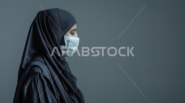 Taking preventive precautions against the Corona virus Covid 19, following safety procedures, close-up portrait from the side of a veiled Saudi Arabian Gulf woman wearing a medical mask, gray background