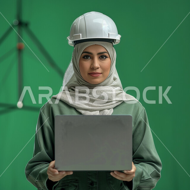 The use of modern technological devices in the engineering field, a close-up portrait of a Saudi Arabian Gulf engineer wearing a protective jacket and helmet, holding a laptop in her hand, interest in work affairs, women’s professions and jobs, green background