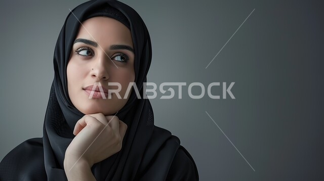 Trying to find a solution to a problem, contemplating, concentrating, and planning for the future, close-up portrait of a veiled Saudi Gulf Arab woman, placing her hand on her chin and looking with gestures of thought and contemplation, gray background.