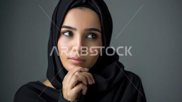 التمعن والتركيز والتخطيط للمستقبل، محاولة إيجاد حل لمشكلة ما، بورتريه مقرب لإمرأة عربية خليجية سعودية محجبة تضع يدها على ذقنها وتنظر بإيماءات التفكير والتأمل، خلفية رمادية
