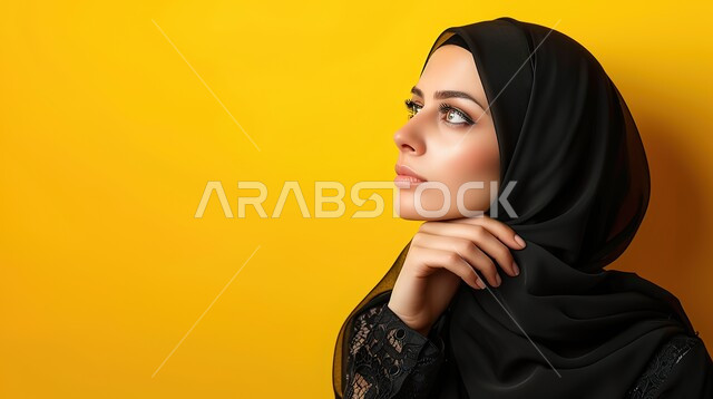 التمعن والتركيز والتخطيط للمستقبل، محاولة إيجاد حل لمشكلة ما، بورتريه مقرب لإمرأة عربية خليجية سعودية محجبة تضع يدها على ذقنها وتنظر بإيماءات التفكير والتأمل، خلفية صفراء