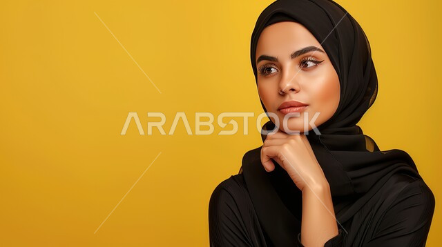The concept of contemplation, concentration, and planning for the future, trying to find a solution to a problem, a close-up portrait of a veiled Saudi Arabian Gulf woman, placing her hand on her chin and looking with gestures of thought and contemplation, yellow background.