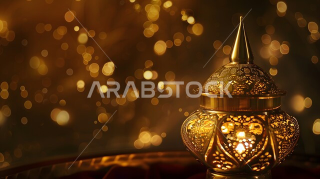 المناسبات و الأعياد الدينية السعيدة, استعداد المسلمين لاستقبال رمضان المبارك, زينة وإضاءة المصابيح, البهجة بقدوم شهر الخير, فانوس معدني مزخرف مضيء ,خلفية ملونة