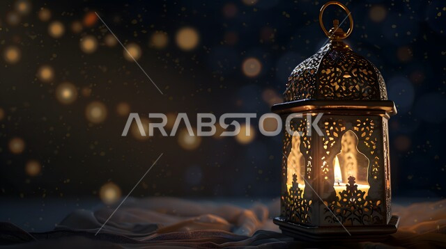 زينة وإضاءة المصابيح, البهجة بقدوم شهر الخير, فانوس معدني مزخرف مضيء ,الأعياد الدينية والمناسبات السعيدة, استعداد المسلمين لاستقبال رمضان المبارك, خلفية ملونة