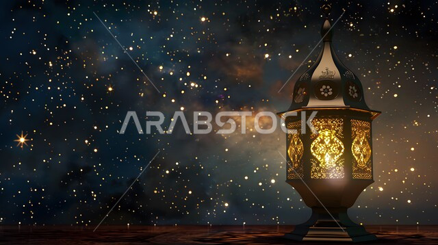 البهجة بقدوم شهر الخير, فانوس معدني مزخرف مضيء ,الأعياد الدينية والمناسبات السعيدة, استعداد المسلمين لاستقبال رمضان المبارك, زينة وإضاءة المصابيح, خلفية ملونة