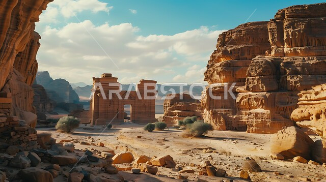 التشكيلات و التكوينات الصخرية في صحراء محافظة العلا، أماكن اثرية تاريخية قديمة، معالم سياحية مشهورة, المناظر الطبيعية في المناطق الصحراوية في المملكة العربيه السعودية، القمم والمرتفعات الجبلية وسط البيئة الرمليه، خلفية السماء المليئة بالغيوم البيضاء