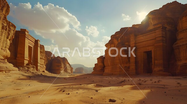 أماكن اثرية تاريخية قديمة، معالم سياحية مشهورة, المناظر الطبيعية في المناطق الصحراوية في المملكة العربيه السعودية، القمم والمرتفعات الجبلية وسط البيئة الرمليه، التكوينات والتشكيلات الصخرية في صحراء محافظة العلا، خلفية السماء المليئة بالغيوم البيضاء