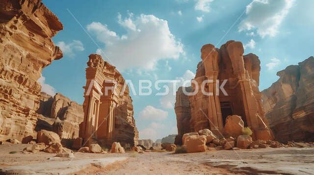 أماكن اثرية تاريخية قديمة، معالم سياحية مشهورة, المناظر الطبيعية في المناطق الصحراوية في المملكة العربيه السعودية، القمم والمرتفعات الجبلية وسط البيئة الرمليه، التكوينات والتشكيلات الصخرية في صحراء محافظة العلا، خلفية السماء المليئة بالغيوم البيضاء