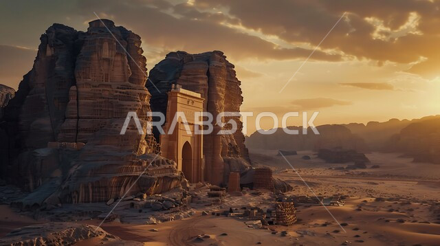 معالم اثرية تاريخية قديمة، المناظر الطبيعية في المناطق الصحراوية في المملكة العربيه السعودية، القمم والمرتفعات الجبلية وسط البيئة الرمليه، التكوينات والتشكيلات الصخرية في صحراء محافظة العلا، اماكن سياحية مشهورة, خلفية السماء وقت غروب الشمس