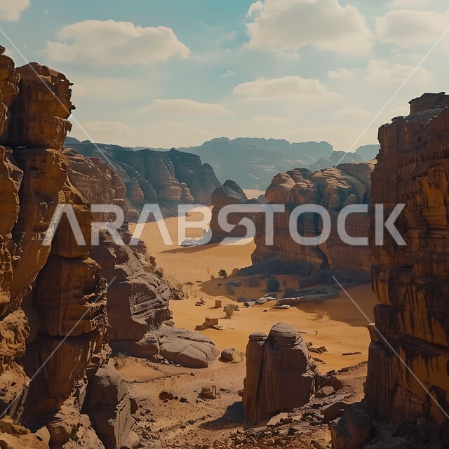 القمم والمرتفعات الجبلية وسط البيئة الرمليه، التكوينات والتشكيلات الصخرية في صحراء محافظة العلا، المناظر الطبيعية في المناطق الصحراوية في المملكة العربيه السعودية، معالم اثرية تاريخية قديمة، اماكن سياحية مشهورة, خلفية السماء المليئة بالغيوم البيضاء