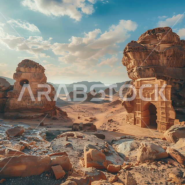 القمم والمرتفعات الجبلية وسط البيئة الرمليه، التكوينات والتشكيلات الصخرية في صحراء محافظة العلا، المناظر الطبيعية في المناطق الصحراوية في المملكة العربيه السعودية، معالم اثرية تاريخية قديمة، اماكن سياحية مشهورة, خلفية السماء المليئة بالغيوم البيضاء