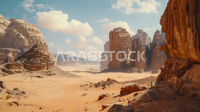 التكوينات والتشكيلات الصخرية في صحراء محافظة العلا، القمم والمرتفعات الجبلية وسط البيئة الرمليه، المناظر الطبيعية في المناطق الصحراوية في المملكة العربيه السعودية، معالم اثرية تاريخية قديمة، اماكن سياحية مشهورة, خلفية السماء المليئة بالغيوم البيضاء