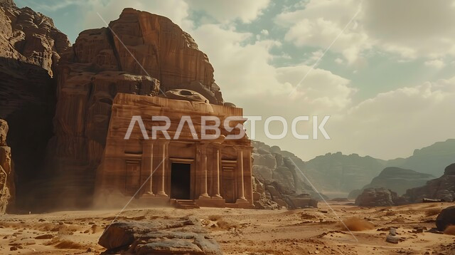 التكوينات والتشكيلات الصخرية في صحراء محافظة العلا، القمم والمرتفعات الجبلية وسط البيئة الرمليه، المناظر الطبيعية في المناطق الصحراوية في المملكة العربيه السعودية، معالم اثرية تاريخية قديمة، اماكن سياحية مشهورة, خلفية السماء المليئة بالغيوم البيضاء