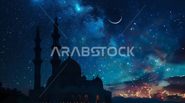 منظر طبيعي للنجوم المتناثره في السماء ليلا, تصميم متميز لقبب ومآذن المسجد في وضع الليل، العباده والتقرب الى الله واداء الصلاه في المساجد، خلفيات وديكورات رمضانيه، الفن الهندسي المعماري على الطراز الاسلامي