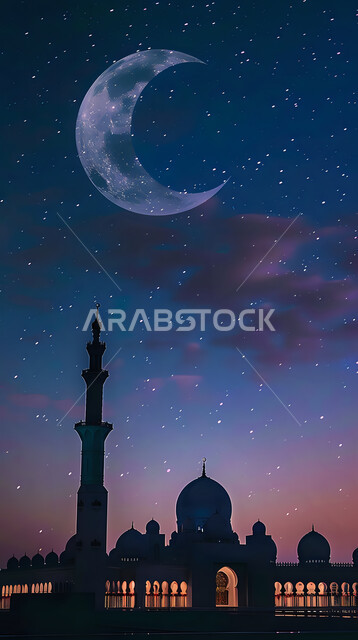 منظر طبيعي للنجوم المتناثره في السماء ليلا, تصميم متميز لقبب ومآذن المسجد في وضع الليل، العباده والتقرب الى الله واداء الصلاه في المساجد، خلفيات وديكورات رمضانيه، الفن الهندسي المعماري على الطراز الاسلامي