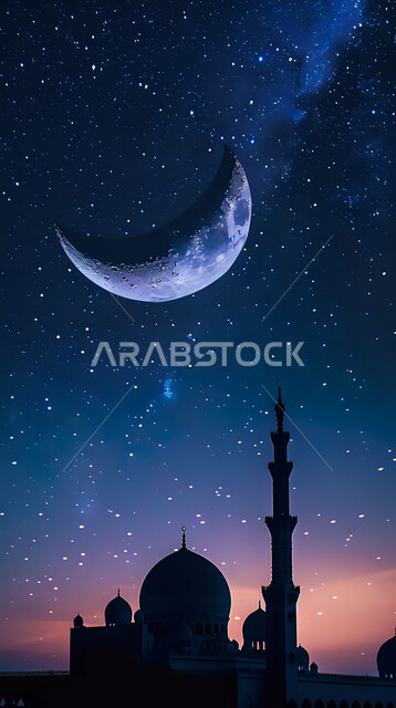 منظر طبيعي للنجوم المتناثره في السماء ليلا, تصميم متميز لقبب ومآذن المسجد في وضع الليل، العباده والتقرب الى الله واداء الصلاه في المساجد، خلفيات وديكورات رمضانيه، الفن الهندسي المعماري على الطراز الاسلامي