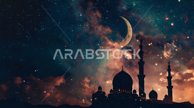 تصميم متميز لقبب ومآذن المسجد في وضع الليل، منظر طبيعي للنجوم المتناثره في السماء ليلا, العباده والتقرب الى الله واداء الصلاه في المساجد، خلفيات وديكورات رمضانيه، الفن الهندسي المعماري على الطراز الاسلامي