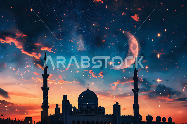 تصميم متميز لقبب ومآذن المسجد في وضع الليل، منظر طبيعي للنجوم المتناثره في السماء ليلا, العباده والتقرب الى الله واداء الصلاه في المساجد، خلفيات وديكورات رمضانيه، الفن الهندسي المعماري على الطراز الاسلامي