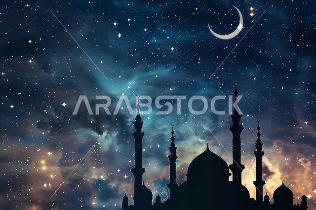تصميم متميز لقبب ومآذن المسجد في وضع الليل، منظر طبيعي للنجوم المتناثره في السماء ليلا, العباده والتقرب الى الله واداء الصلاه في المساجد، خلفيات وديكورات رمضانيه، الفن الهندسي المعماري على الطراز الاسلامي