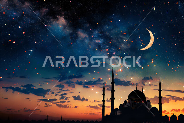 تصميم متميز لقبب ومآذن المسجد في وضع الليل، منظر طبيعي للنجوم المتناثره في السماء ليلا, العباده والتقرب الى الله واداء الصلاه في المساجد، خلفيات وديكورات رمضانيه، الفن الهندسي المعماري على الطراز الاسلامي