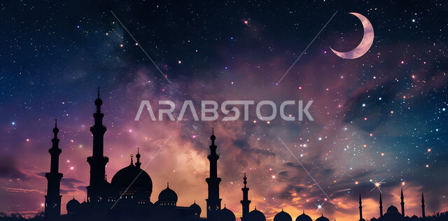 تصميم متميز لقبب ومآذن المسجد في وضع الليل، منظر طبيعي للنجوم المتناثره في السماء ليلا, العباده والتقرب الى الله واداء الصلاه في المساجد، خلفيات وديكورات رمضانيه، الفن الهندسي المعماري على الطراز الاسلامي