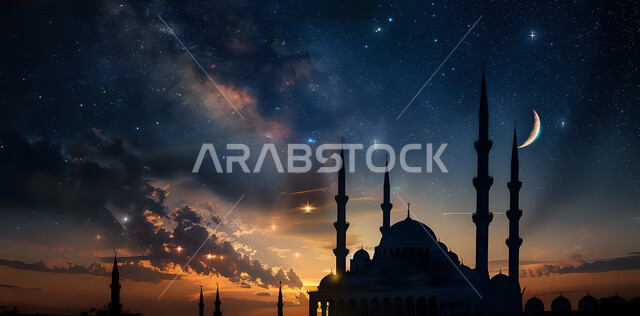 تصميم متميز لقبب ومآذن المسجد في وضع الليل، منظر طبيعي للنجوم المتناثره في السماء ليلا, العباده والتقرب الى الله واداء الصلاه في المساجد، خلفيات وديكورات رمضانيه، الفن الهندسي المعماري على الطراز الاسلامي