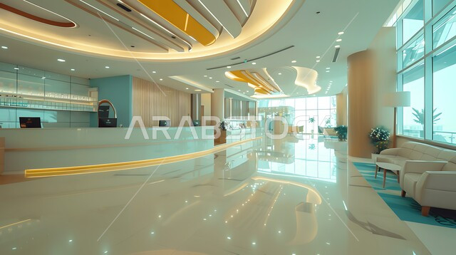 مفهوم الطب و الرعاية الطبية, الديكور الحديث لقسم الاستقبال والاستعلامات في أحد مستشفيات المملكة العربية السعودية, التصاميم الفنية الداخلية المعاصرة، عيادات ومراكز صحيه متطوره