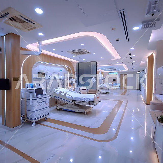 سرير إلكتروني طبي كهربائي في أحد الغرف، حجره مجهزه بالأدوات والأجهزة الطبيه الحديثه، استخدام التقنيه والتكنولوجيا في العلاج والطب الحديث، عيادات ومراكز صحيه متطوره، تصميم ثلاثي الابعاد لغرفه طبيه حديثه لفحص وتشخيص المرضى في المستشفى