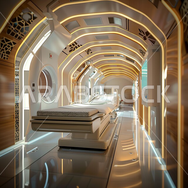 عيادات ومراكز صحيه متطوره، سرير إلكتروني طبي كهربائي في أحد الغرف، حجره مجهزه بالأدوات والأجهزة الطبيه الحديثه، استخدام التقنيه والتكنولوجيا في العلاج والطب الحديث، تصميم ثلاثي الابعاد لغرفه طبيه حديثه لفحص وتشخيص المرضى في المستشفى