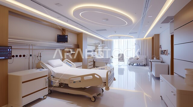 سرير إلكتروني طبي كهربائي في أحد الغرف، حجره مجهزه بالأدوات والأجهزة الطبيه الحديثه، استخدام التقنيه والتكنولوجيا في العلاج والطب الحديث، عيادات ومراكز صحيه متطوره، تصميم ثلاثي الابعاد لغرفه طبيه حديثه لفحص وتشخيص المرضى في المستشفى