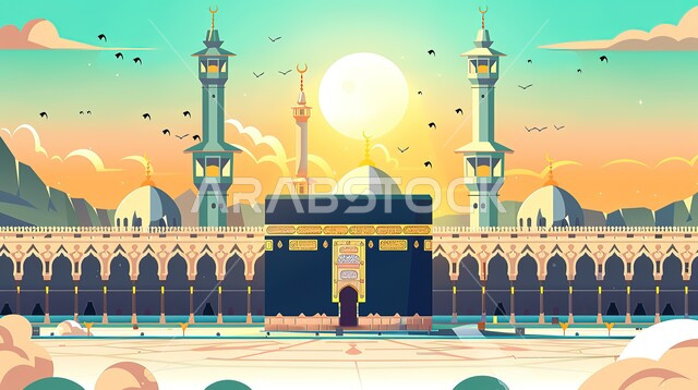 أداء مناسك الحج والعمرة، منظر الكعبة المشرفة وقت الشروق، مآذن المسجد الحرام المطلة على الحرم المكي الشريف في مكة المكرمة، مفهوم العبادة والتقرب إلى الله، معالم دينية إسلامية مقدسة، موسم الحج في المملكة العربية السعودية