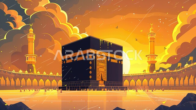 أداء مناسك الحج والعمرة، منظر الكعبة المشرفة وقت الشروق، مآذن المسجد الحرام المطلة على الحرم المكي الشريف في مكة المكرمة، مفهوم العبادة والتقرب إلى الله، معالم دينية إسلامية مقدسة، موسم الحج في المملكة العربية السعودية