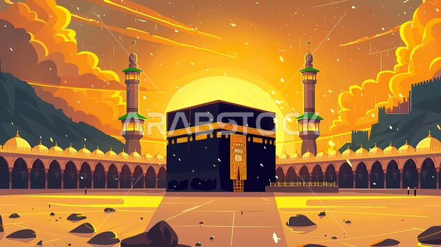 أداء مناسك الحج والعمرة، منظر الكعبة المشرفة وقت الشروق، مآذن المسجد الحرام المطلة على الحرم المكي الشريف في مكة المكرمة، مفهوم العبادة والتقرب إلى الله، معالم دينية إسلامية مقدسة، موسم الحج في المملكة العربية السعودية