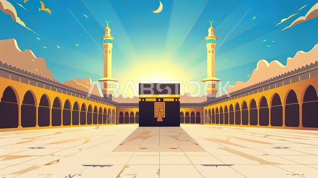 أداء مناسك الحج والعمرة، منظر الكعبة المشرفة وقت الشروق، مآذن المسجد الحرام المطلة على الحرم المكي الشريف في مكة المكرمة، مفهوم العبادة والتقرب إلى الله، معالم دينية إسلامية مقدسة، موسم الحج في المملكة العربية السعودية