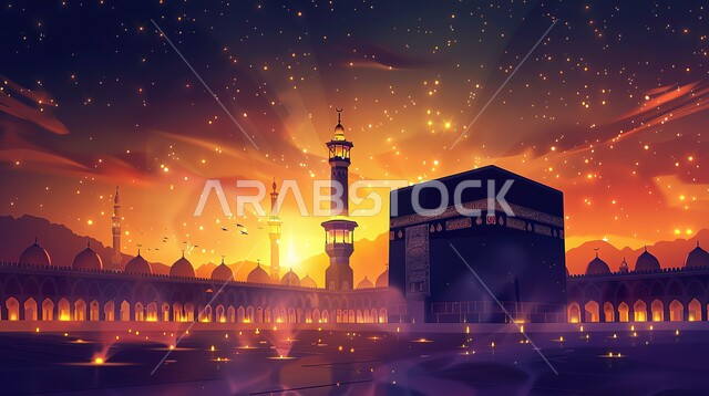 أداء مناسك الحج والعمرة، منظر الكعبة المشرفة وقت الشروق، مآذن المسجد الحرام المطلة على الحرم المكي الشريف في مكة المكرمة، مفهوم العبادة والتقرب إلى الله، معالم دينية إسلامية مقدسة، موسم الحج في المملكة العربية السعودية
