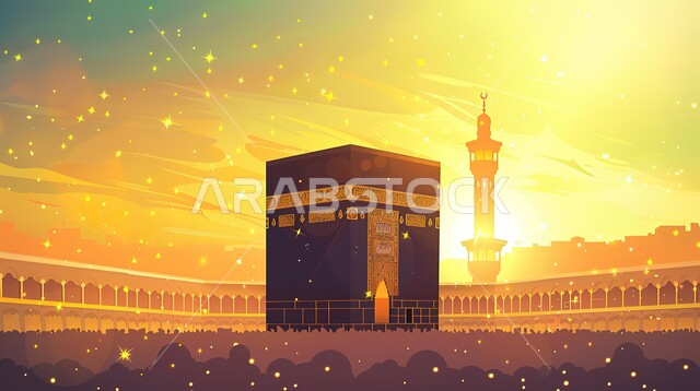 أداء مناسك الحج والعمرة، منظر الكعبة المشرفة وقت الشروق، مآذن المسجد الحرام المطلة على الحرم المكي الشريف في مكة المكرمة، مفهوم العبادة والتقرب إلى الله، معالم دينية إسلامية مقدسة، موسم الحج في المملكة العربية السعودية