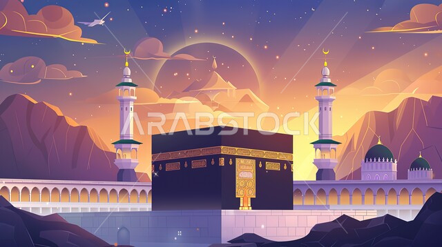 Sacred Islamic religious landmarks, performing Hajj and Umrah rituals, the view of the Holy Kaaba at sunrise, the minarets of the Grand Mosque overlooking the Holy Mosque in Mecca, the concept of worship and getting closer to God, the Hajj season in the Kingdom of Saudi Arabia