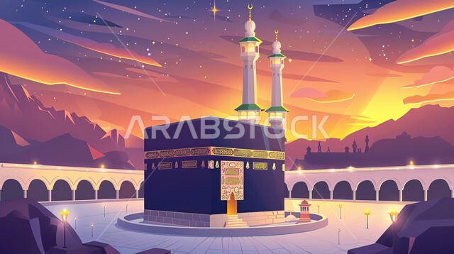 معالم دينية إسلامية مقدسة، أداء مناسك الحج والعمرة، منظر الكعبة المشرفة وقت الشروق، مآذن المسجد الحرام المطلة على الحرم المكي الشريف في مكة المكرمة، مفهوم العبادة والتقرب إلى الله، موسم الحج في المملكة العربية السعودية