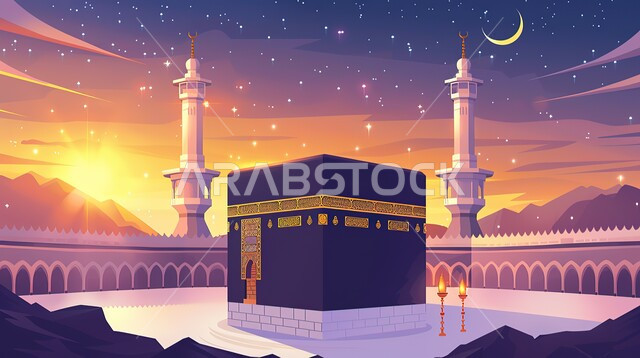 معالم دينية إسلامية مقدسة، أداء مناسك الحج والعمرة، منظر الكعبة المشرفة وقت الشروق، مآذن المسجد الحرام المطلة على الحرم المكي الشريف في مكة المكرمة، مفهوم العبادة والتقرب إلى الله، موسم الحج في المملكة العربية السعودية