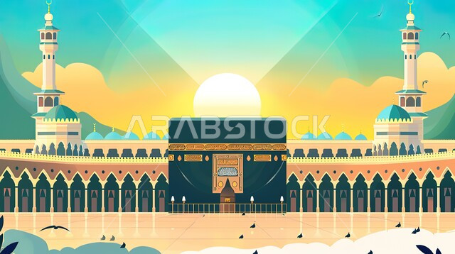 معالم دينية إسلامية مقدسة، أداء مناسك الحج والعمرة، منظر الكعبة المشرفة وقت الشروق، مآذن المسجد الحرام المطلة على الحرم المكي الشريف في مكة المكرمة، مفهوم العبادة والتقرب إلى الله، موسم الحج في المملكة العربية السعودية