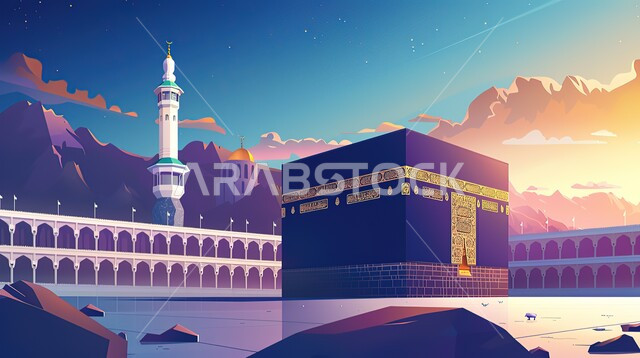 Sacred Islamic religious landmarks, performing Hajj and Umrah rituals, the view of the Holy Kaaba at sunrise, the minarets of the Grand Mosque overlooking the Holy Mosque in Mecca, the concept of worship and getting closer to God, the Hajj season in the Kingdom of Saudi Arabia