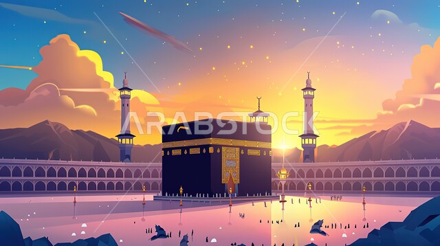 Sacred Islamic religious landmarks, performing Hajj and Umrah rituals, the view of the Holy Kaaba at sunrise, the minarets of the Grand Mosque overlooking the Holy Mosque in Mecca, the concept of worship and getting closer to God, the Hajj season in the Kingdom of Saudi Arabia