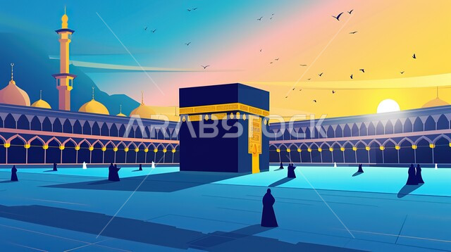 Sacred Islamic religious landmarks, performing Hajj and Umrah rituals, the view of the Holy Kaaba at sunrise, the minarets of the Grand Mosque overlooking the Holy Mosque in Mecca, the concept of worship and getting closer to God, the Hajj season in the Kingdom of Saudi Arabia
