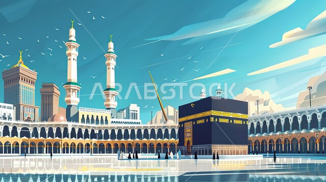 منظر الكعبة المشرفة ومآذن المسجد الحرام، أداء مناسك الحج والعمرة، ساحة الحرم المكي الشريف في مكة المكرمة، مفهوم العبادة والتقرب إلى الله، معالم دينية إسلامية مقدسة في المملكة العربية السعودية