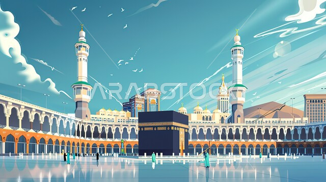 منظر الكعبة المشرفة ومآذن المسجد الحرام، أداء مناسك الحج والعمرة، ساحة الحرم المكي الشريف في مكة المكرمة، مفهوم العبادة والتقرب إلى الله، معالم دينية إسلامية مقدسة في المملكة العربية السعودية