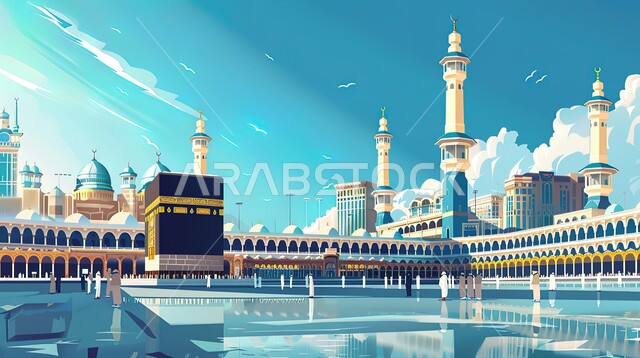 منظر الكعبة المشرفة ومآذن المسجد الحرام، أداء مناسك الحج والعمرة، ساحة الحرم المكي الشريف في مكة المكرمة، مفهوم العبادة والتقرب إلى الله، معالم دينية إسلامية مقدسة في المملكة العربية السعودية